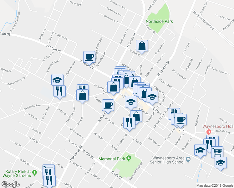 map of restaurants, bars, coffee shops, grocery stores, and more near 30 South Potomac Street in Waynesboro