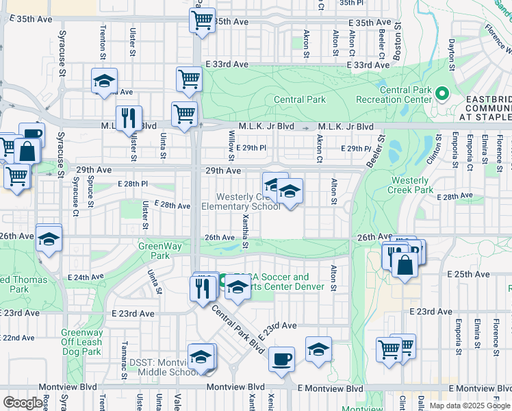 map of restaurants, bars, coffee shops, grocery stores, and more near 8750 East 28th Avenue in Denver