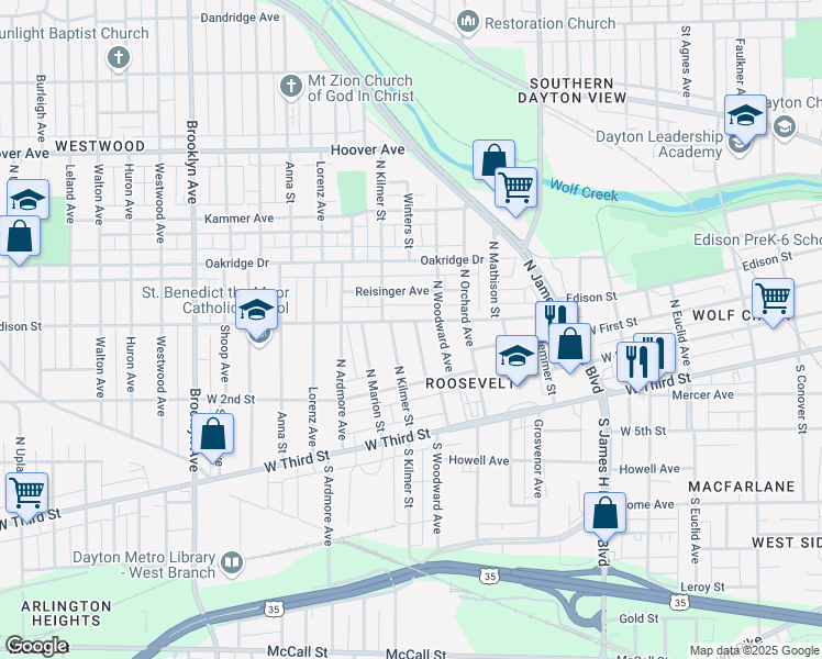 map of restaurants, bars, coffee shops, grocery stores, and more near 63 Hallwood Avenue in Dayton