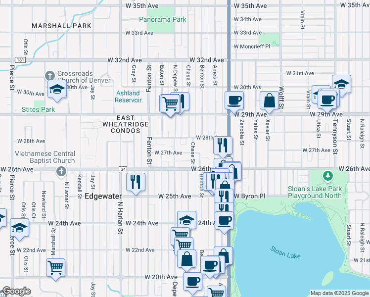 map of restaurants, bars, coffee shops, grocery stores, and more near 5521 West 27th Avenue in Wheat Ridge