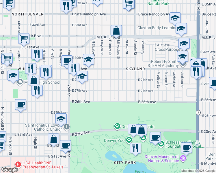 map of restaurants, bars, coffee shops, grocery stores, and more near 2710 Fillmore Street in Denver