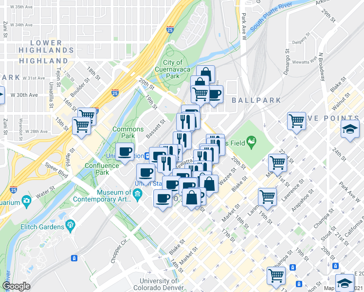 map of restaurants, bars, coffee shops, grocery stores, and more near 1875 Delgany Street in Denver