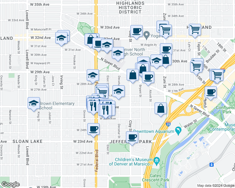 map of restaurants, bars, coffee shops, grocery stores, and more near 2809 West 27th Avenue in Denver