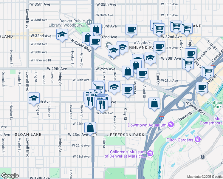 map of restaurants, bars, coffee shops, grocery stores, and more near 2809 West 27th Avenue in Denver