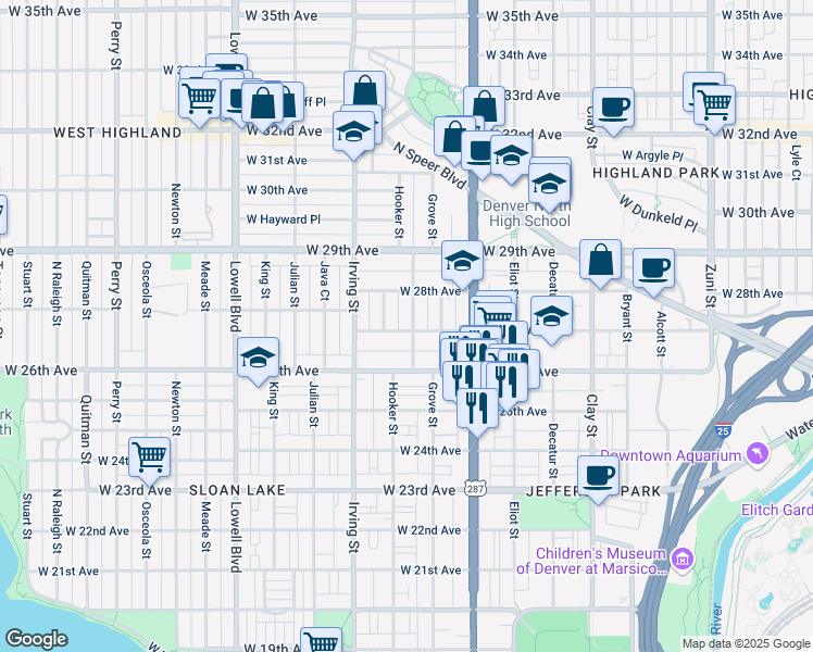 map of restaurants, bars, coffee shops, grocery stores, and more near in Denver