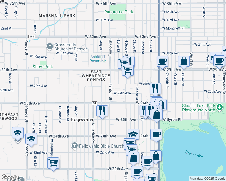 map of restaurants, bars, coffee shops, grocery stores, and more near 2720 Fenton Street in Denver