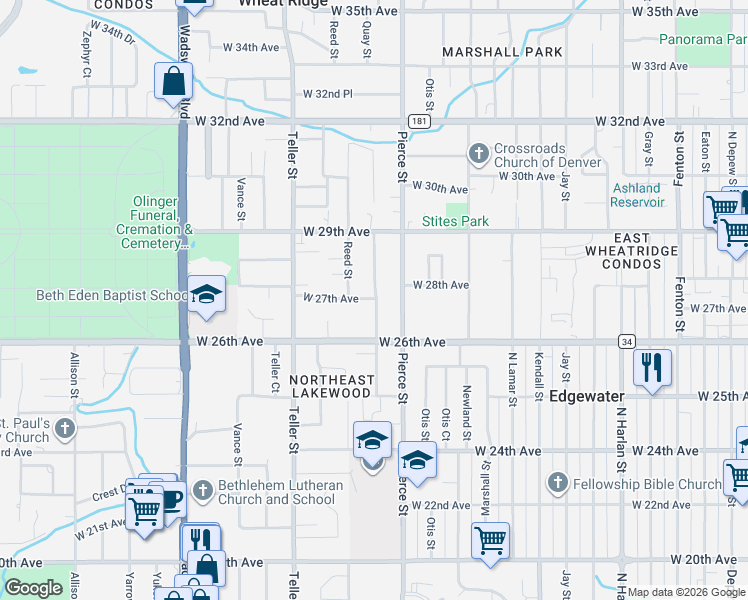 map of restaurants, bars, coffee shops, grocery stores, and more near 2685 Quay Street in Wheat Ridge