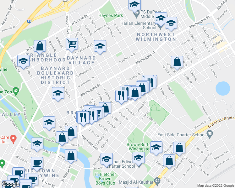 map of restaurants, bars, coffee shops, grocery stores, and more near 2705 Tatnall Street in Wilmington