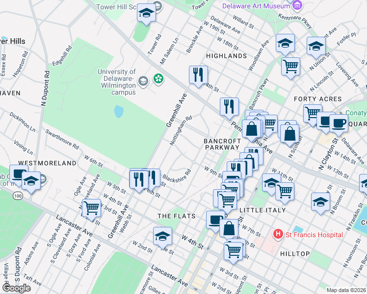 map of restaurants, bars, coffee shops, grocery stores, and more near in Wilmington