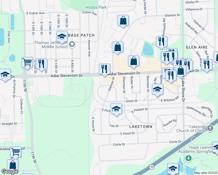 map of restaurants, bars, coffee shops, grocery stores, and more near 3224 Buckner Street in Springfield