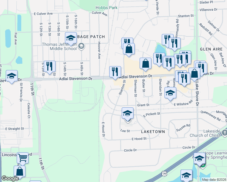 map of restaurants, bars, coffee shops, grocery stores, and more near 3224 Buckner Street in Springfield