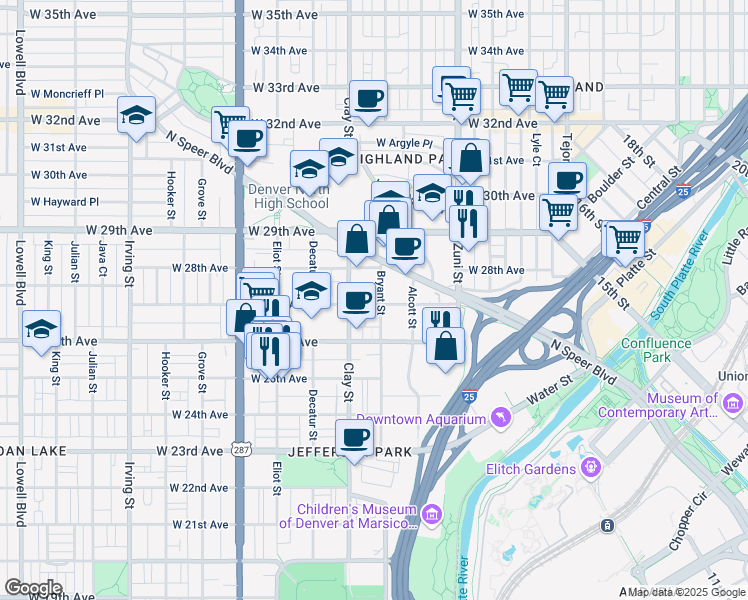 map of restaurants, bars, coffee shops, grocery stores, and more near 2607 West 27th Avenue in Denver