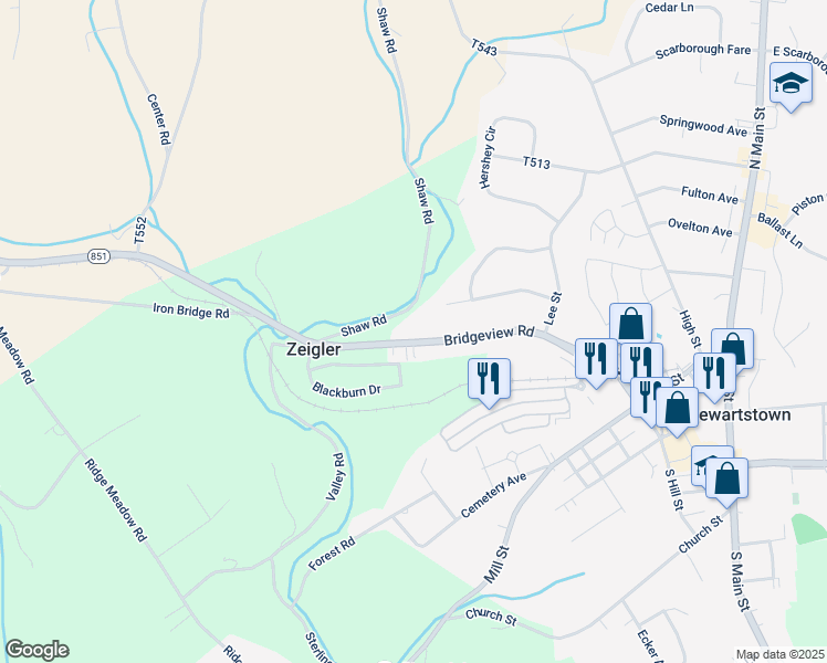 map of restaurants, bars, coffee shops, grocery stores, and more near 4409 Bridgeview Road in Stewartstown