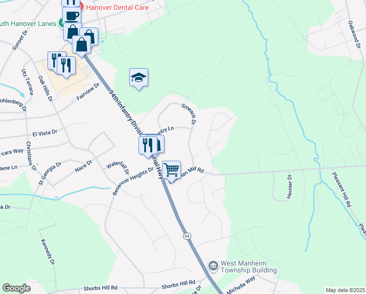 map of restaurants, bars, coffee shops, grocery stores, and more near 54 Smeach Dr in Hanover