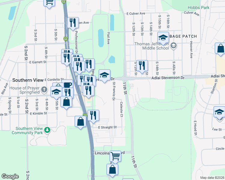 map of restaurants, bars, coffee shops, grocery stores, and more near 3221 Saint Francis Drive in Springfield