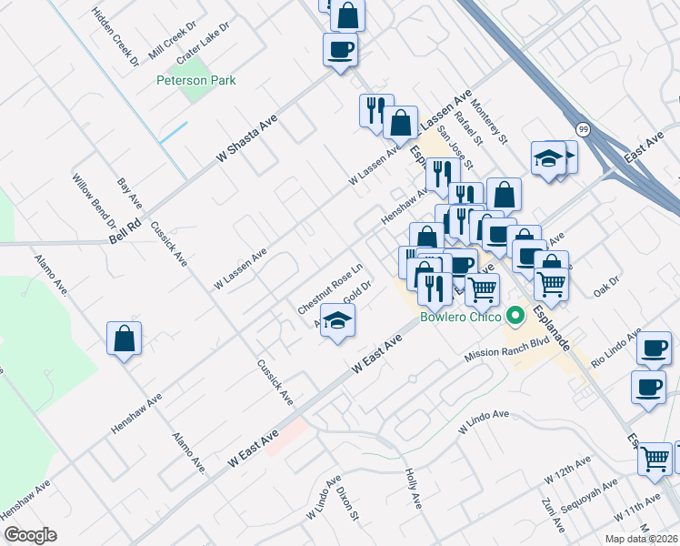 map of restaurants, bars, coffee shops, grocery stores, and more near 356 Chestnut Rose Lane in Chico