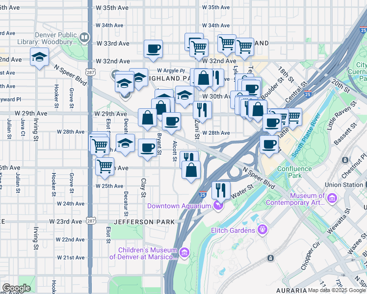 map of restaurants, bars, coffee shops, grocery stores, and more near 2785 Speer Boulevard in Denver