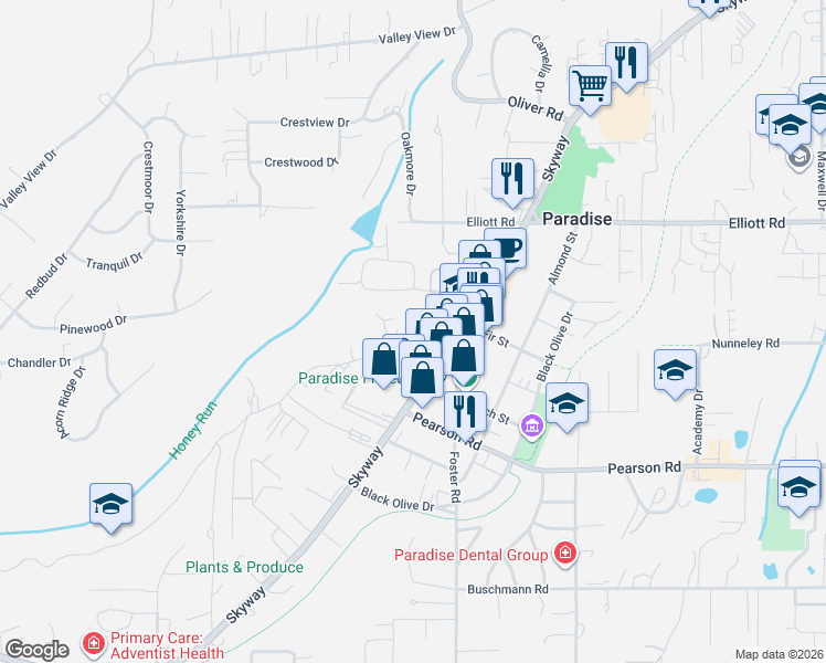 map of restaurants, bars, coffee shops, grocery stores, and more near 520 Fir Street in Paradise