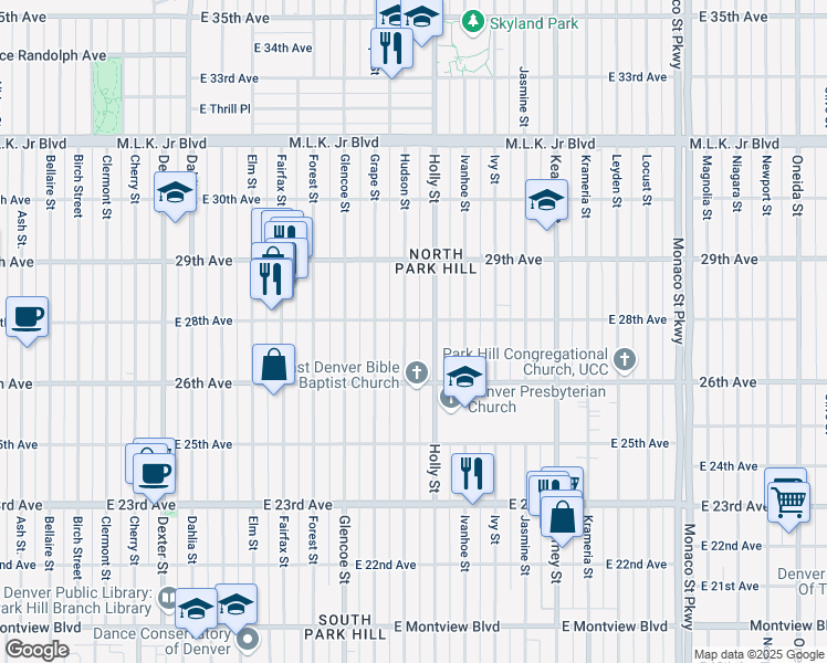 map of restaurants, bars, coffee shops, grocery stores, and more near 2677 Hudson Street in Denver