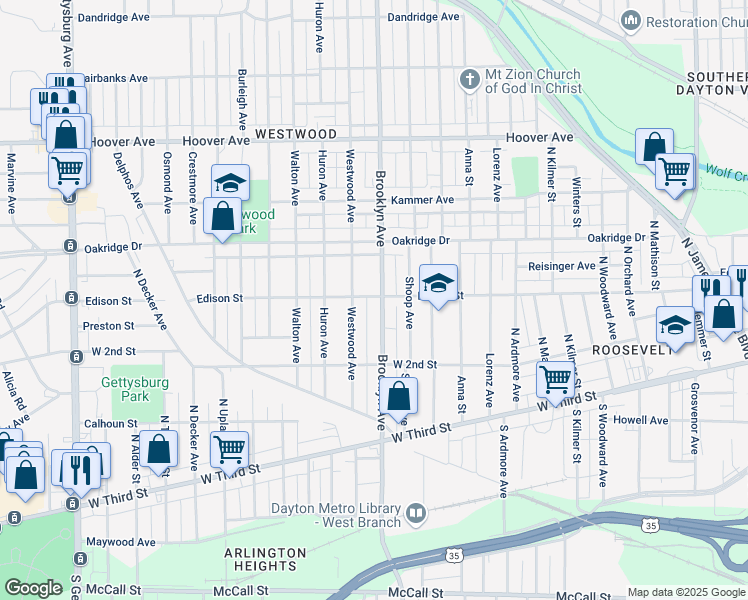 map of restaurants, bars, coffee shops, grocery stores, and more near 272 Brooklyn Avenue in Dayton