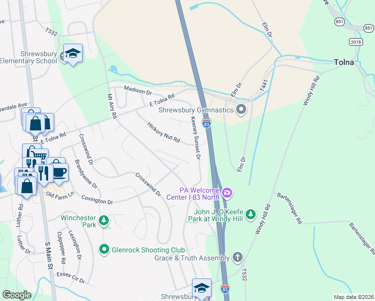 map of restaurants, bars, coffee shops, grocery stores, and more near 32 Hickory Nut Road in Shrewsbury
