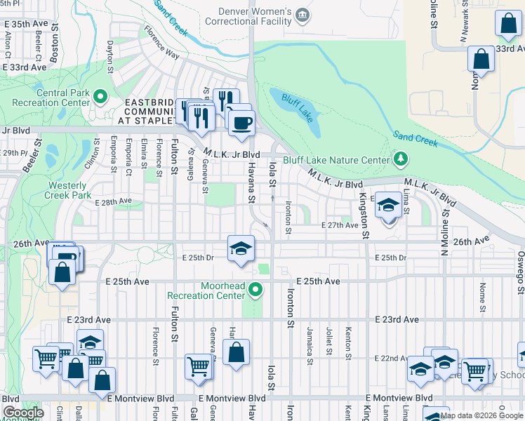 map of restaurants, bars, coffee shops, grocery stores, and more near 2725 Iola Street in Denver