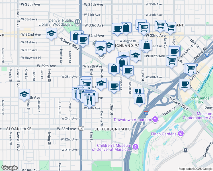 map of restaurants, bars, coffee shops, grocery stores, and more near 2700 Decatur Street in Denver