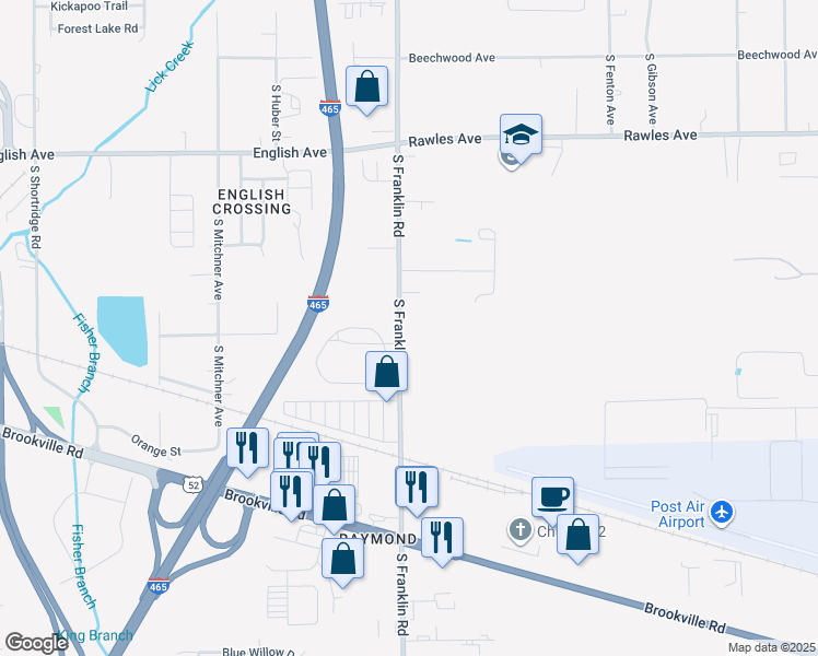 map of restaurants, bars, coffee shops, grocery stores, and more near 933 South Franklin Road in Indianapolis