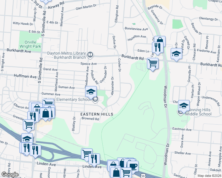 map of restaurants, bars, coffee shops, grocery stores, and more near 2024 Suman Avenue in Dayton