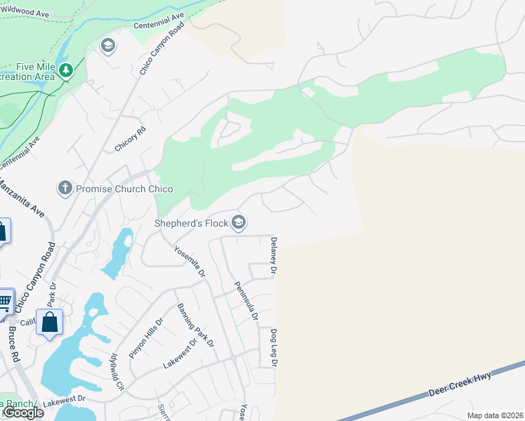 map of restaurants, bars, coffee shops, grocery stores, and more near 3171 Sandstone Lane in Chico