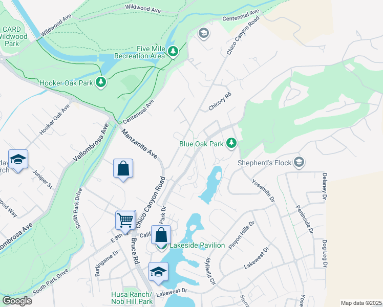 map of restaurants, bars, coffee shops, grocery stores, and more near 32 Alameda Park Cir in Chico