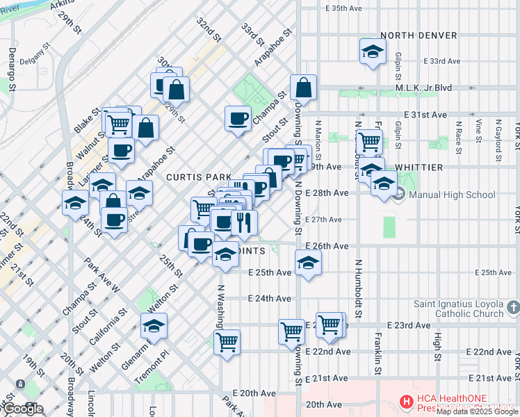 map of restaurants, bars, coffee shops, grocery stores, and more near 2834 Welton Street in Denver