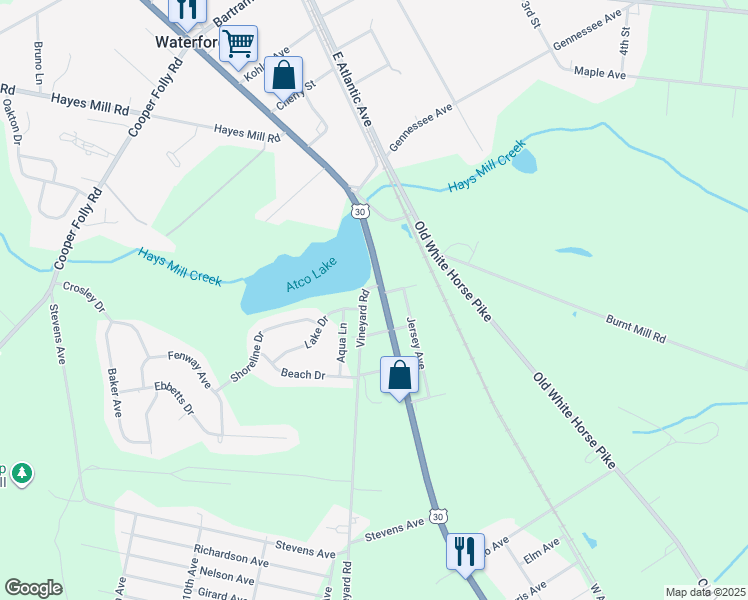 map of restaurants, bars, coffee shops, grocery stores, and more near 625 White Horse Pike in Atco