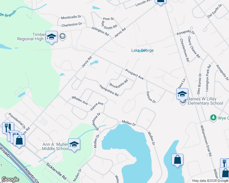map of restaurants, bars, coffee shops, grocery stores, and more near 135 Hampshire Road in Sicklerville