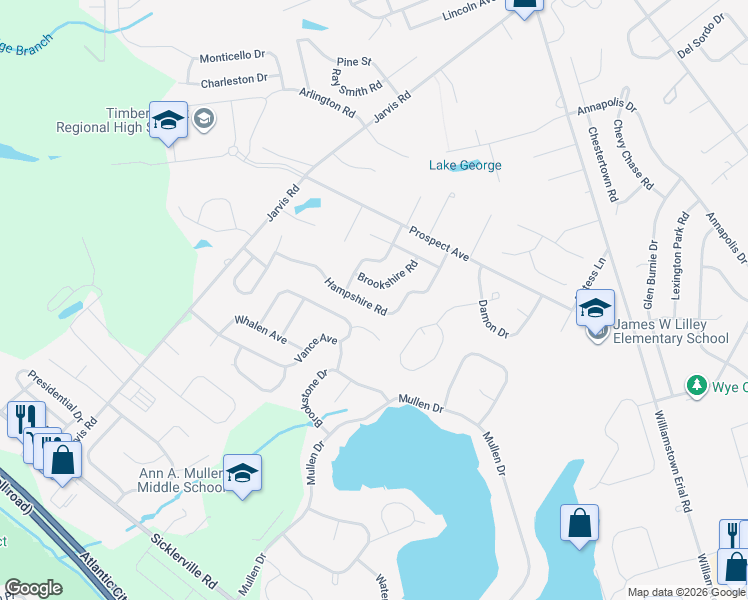 map of restaurants, bars, coffee shops, grocery stores, and more near 128 Hampshire Road in Sicklerville