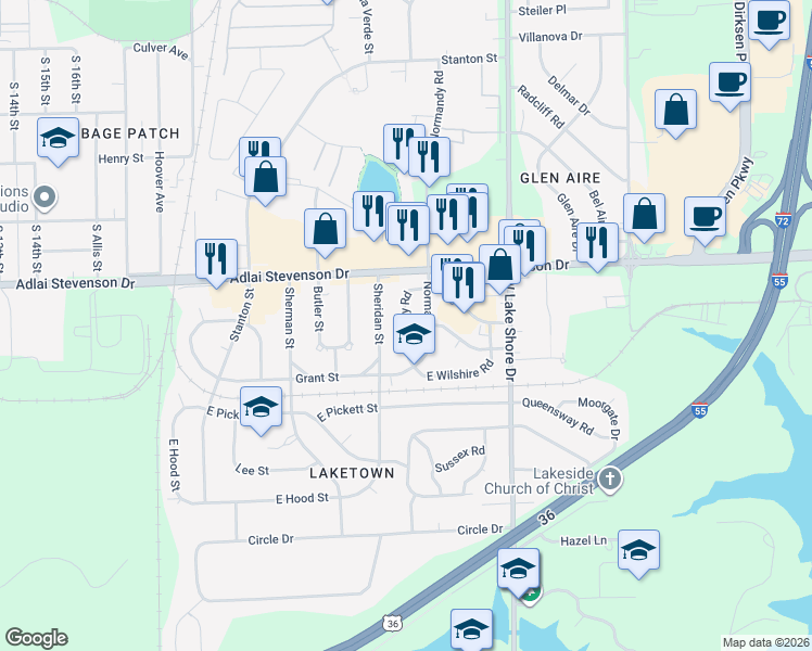 map of restaurants, bars, coffee shops, grocery stores, and more near 3312 Saxony Road in Springfield