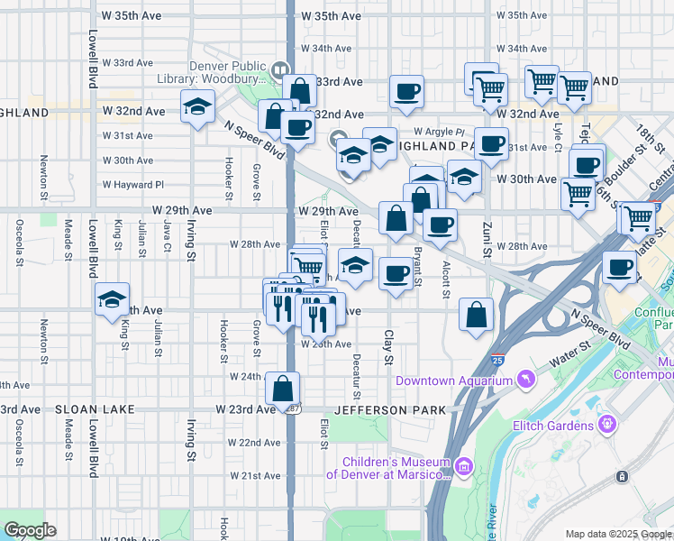 map of restaurants, bars, coffee shops, grocery stores, and more near 2809 West 27th Avenue in Denver
