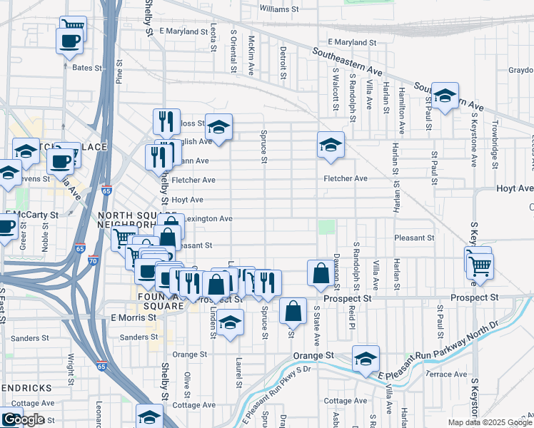 map of restaurants, bars, coffee shops, grocery stores, and more near 1521 Lexington Avenue in Indianapolis