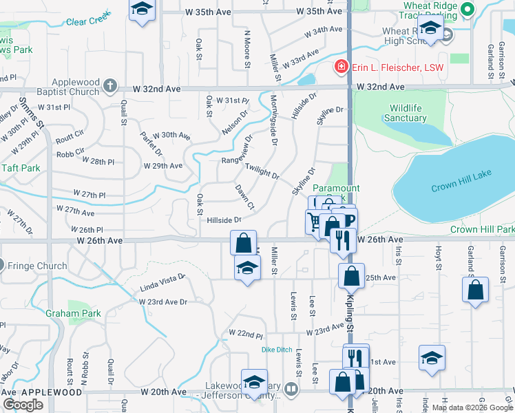 map of restaurants, bars, coffee shops, grocery stores, and more near 17 Hillside Drive in Wheat Ridge