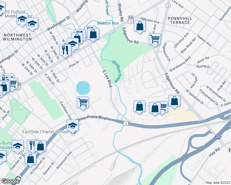 map of restaurants, bars, coffee shops, grocery stores, and more near 319 East 43rd Street in Wilmington