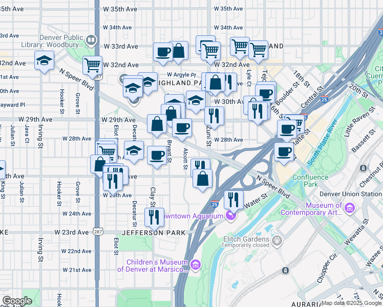 map of restaurants, bars, coffee shops, grocery stores, and more near 2695 Alcott Street in Denver