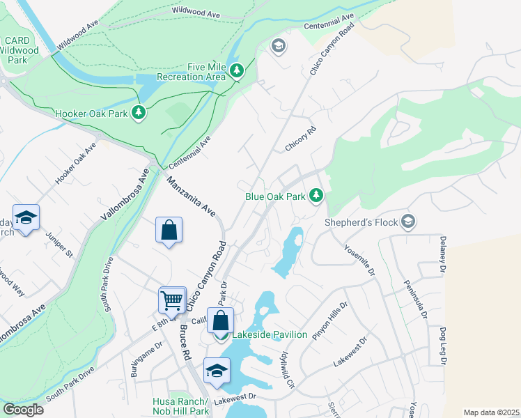 map of restaurants, bars, coffee shops, grocery stores, and more near 32 Alameda Park Circle in Chico