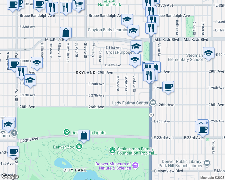 map of restaurants, bars, coffee shops, grocery stores, and more near 3521 East 27th Avenue in Denver