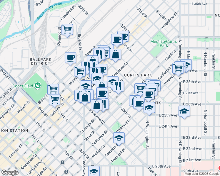 map of restaurants, bars, coffee shops, grocery stores, and more near 2525 Curtis Street in Denver