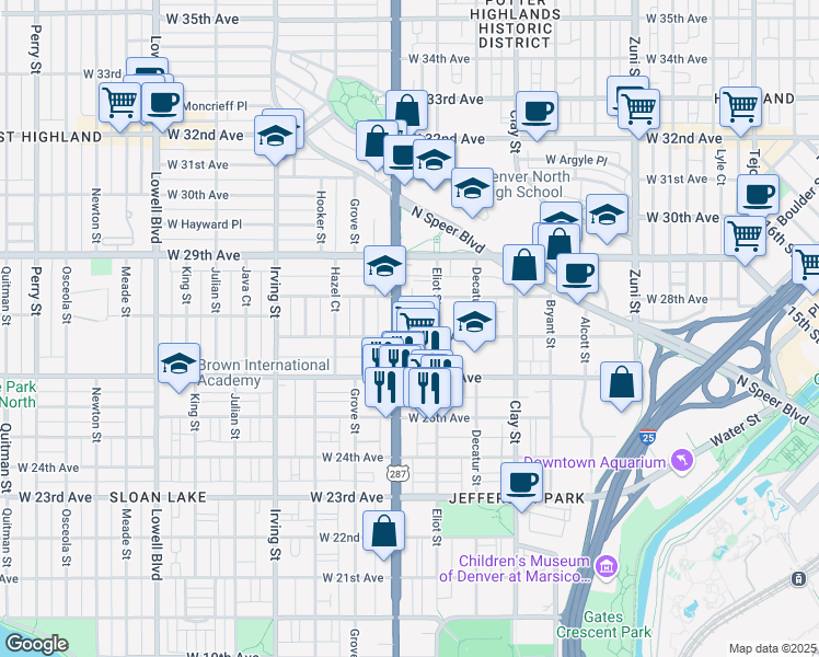 map of restaurants, bars, coffee shops, grocery stores, and more near 2811 West 27th Avenue in Denver