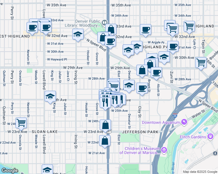 map of restaurants, bars, coffee shops, grocery stores, and more near 2635 Federal Boulevard in Denver