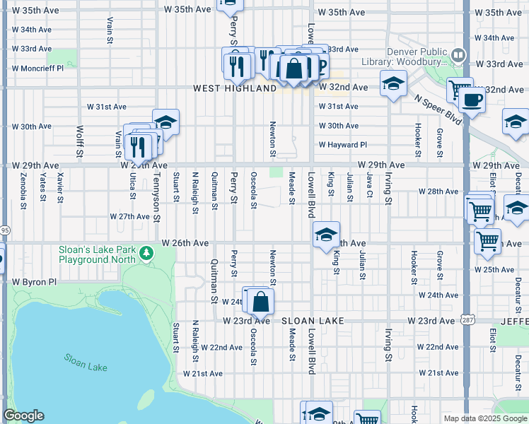 map of restaurants, bars, coffee shops, grocery stores, and more near 2636 Osceola Street in Denver