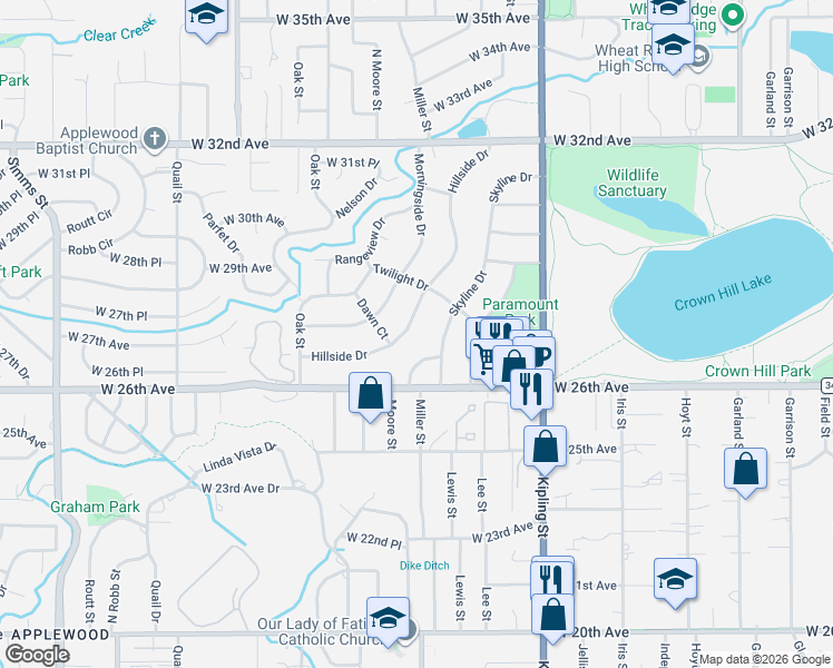 map of restaurants, bars, coffee shops, grocery stores, and more near 9 Circle Drive in Wheat Ridge