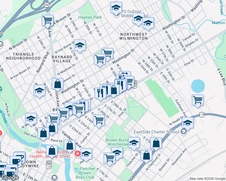 map of restaurants, bars, coffee shops, grocery stores, and more near 2813 Prestwyck Court in Wilmington