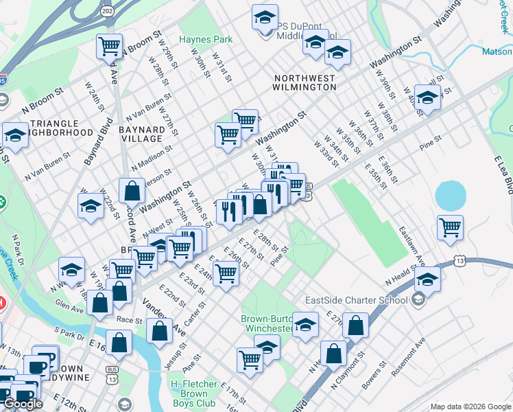 map of restaurants, bars, coffee shops, grocery stores, and more near 2813 Prestwyck Court in Wilmington